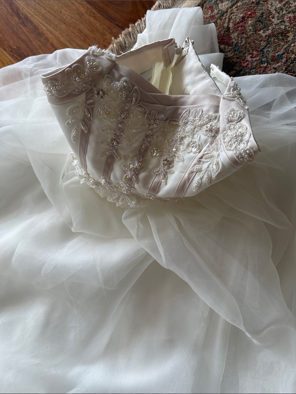 David's Bridal Ivory and Blush Embroidered Flower Girl Dress